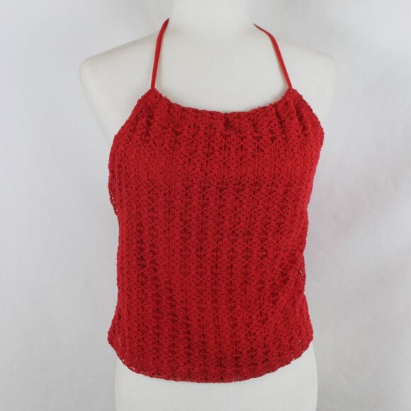 Vintage TWO ROADS Halter Tank Top Woman Size Large Red Lace Cropped Drawstring - Picture 2 of 9